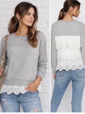Joie Devra Eyelet Layered Sweatshirt S| Gray Ruffle Back Pullover Feminine Chic